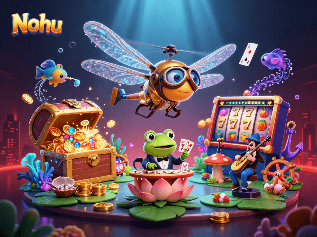 Nohu casino scene featuring a dragonfly pilot, frog dealer, and underwater treasures