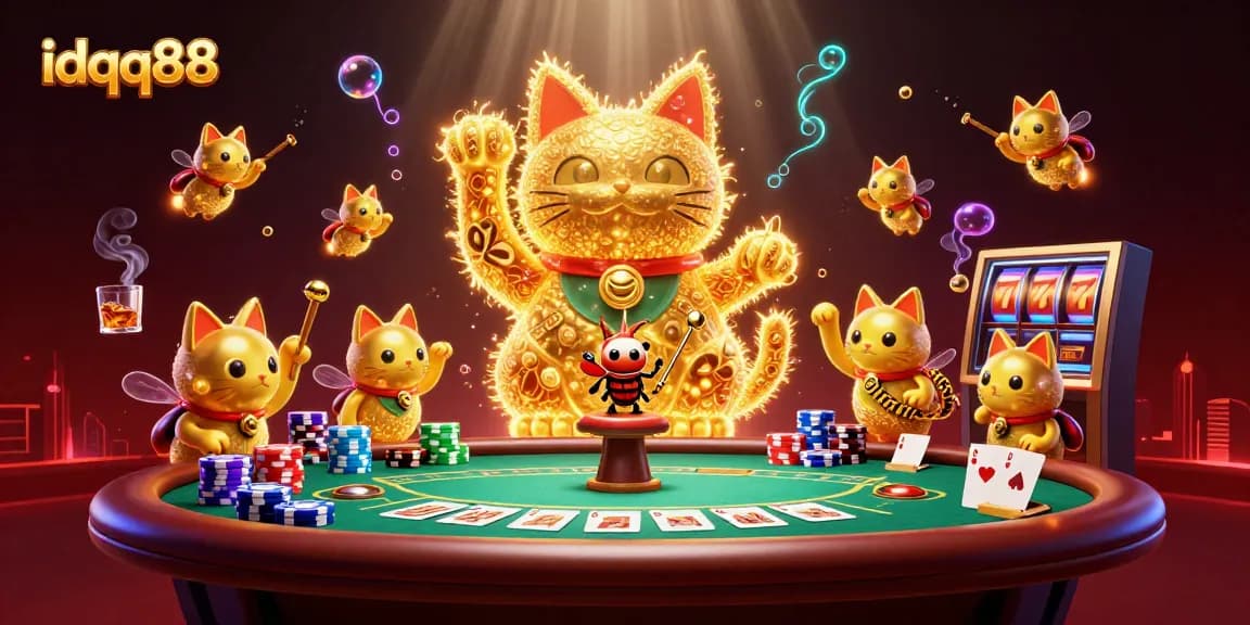 Engage with idqq88's unique lucky cat surrounded by poker elements and slot themes, representing fun gaming activities.