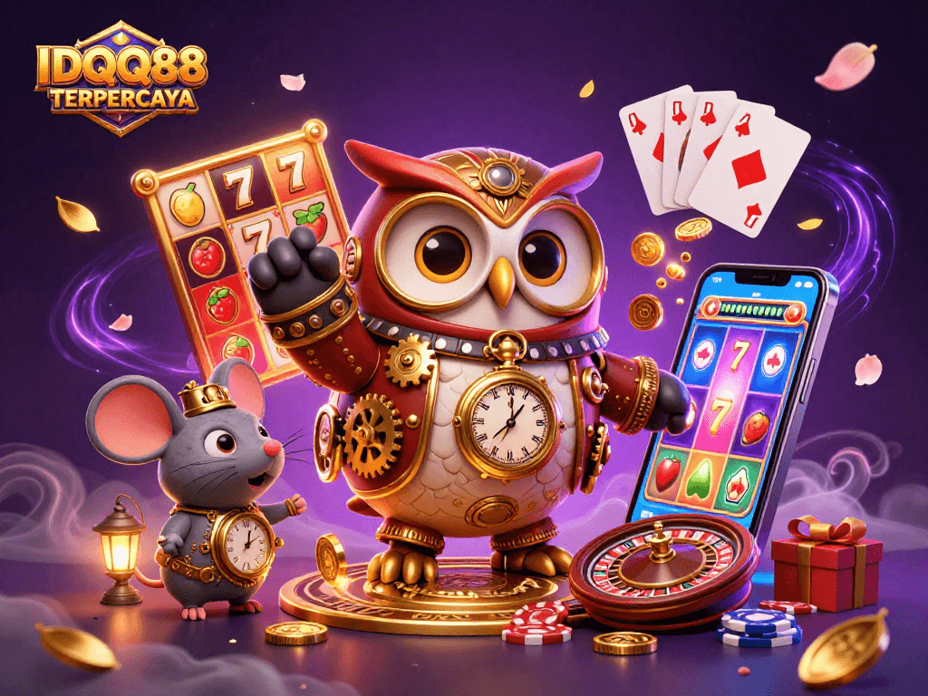 IDQQ88 TERPERCAYA showcases an enchanting gambling scene with animated characters and vibrant slot game elements.