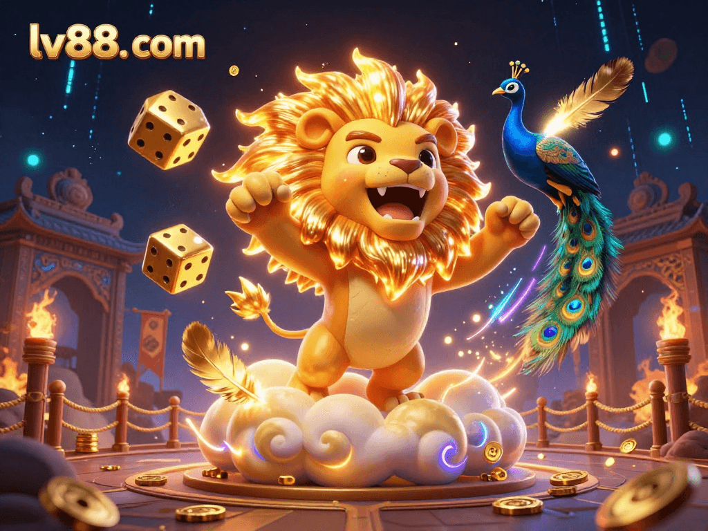 Play exciting casino games with lv88. com featuring epic golden dice and vibrant colors in a dynamic gaming scene.