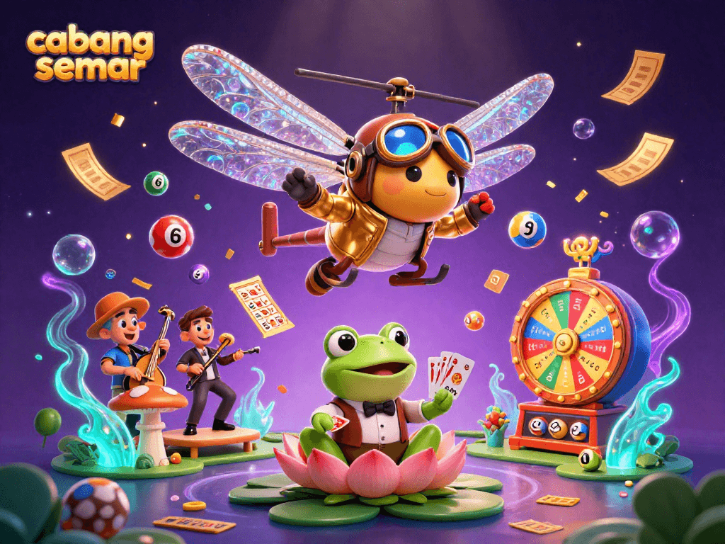 Cabang Semar menghadirkan suasana kasino yang menarik dengan croupier frog dan elemen permainan lotere yang meriah.