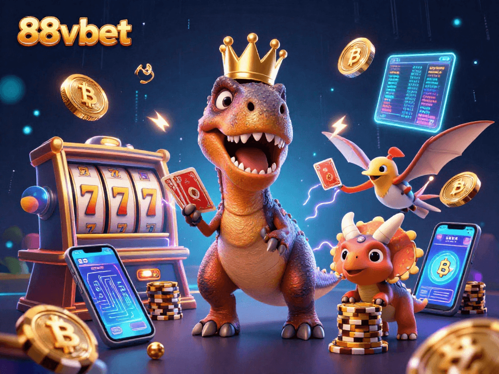 Engage with 88vbet's exciting atmosphere featuring a T-Rex dealing cards amid vibrant casino elements.