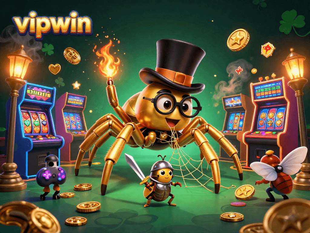 Engage with vipwin's thrilling casino scene featuring a golden tarantula and beetle knight