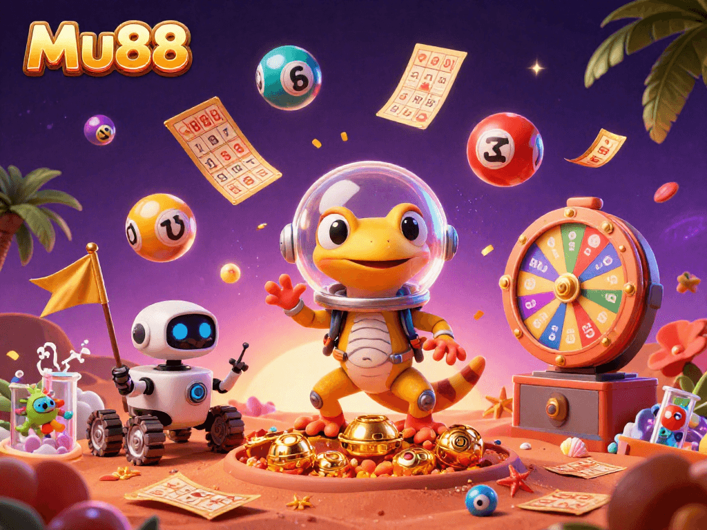 Cheer with Mu88 as a Martian gecko explores a golden buried casino surrounded by festive lottery elements