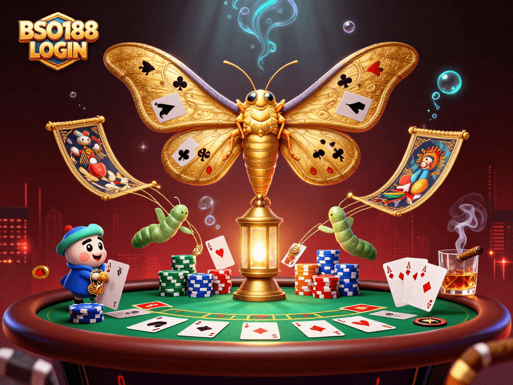 Engage with the exciting world of online casino gaming at BSO188 LOGIN through 3D animated elements showcasing casino scenes.