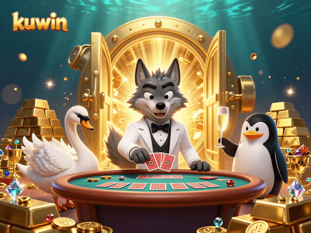 Kuwin's baccarat scene with a debonair wolf, a swan dealer, and a penguin sommelier presenting champagne, surrounded by treasure