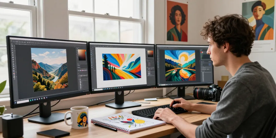 Image to image ai workspace with designer creating stunning visuals in a bright, creative environment.