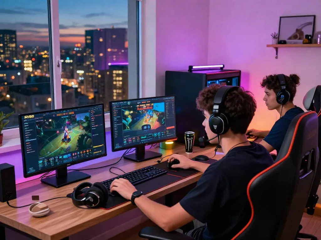 Excited gamer immersed in SV88 gaming experience with dual monitors, vibrant graphics, and energetic atmosphere.