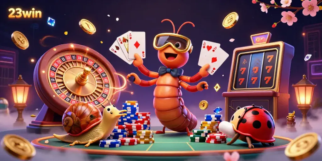Experience the thrilling casino atmosphere with 23win featuring a lively millipede dealer surrounded by colorful poker chips and golden coins.