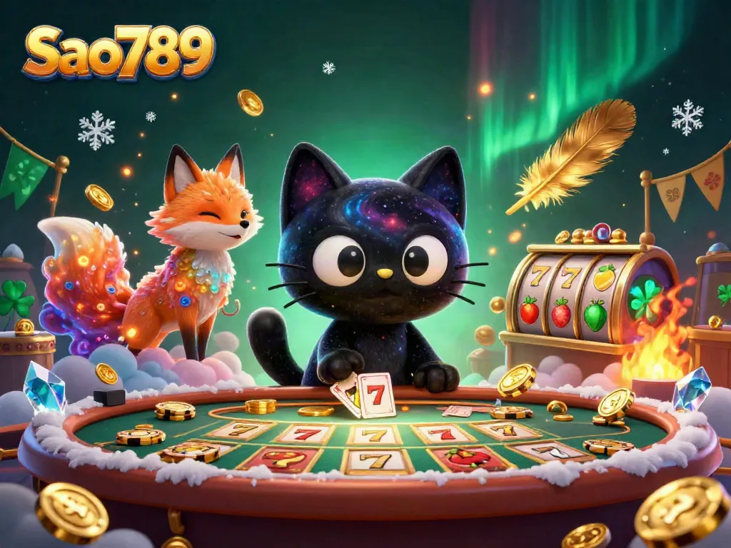 Sao789's cosmic casino scene with a black hole cat and a nebula fox amidst golden chips and slot reels.