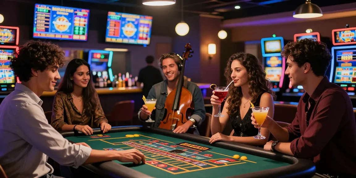 Scena di amici che si divertono nei migliori casino non AAMS, con giochi e cocktail luminosi.