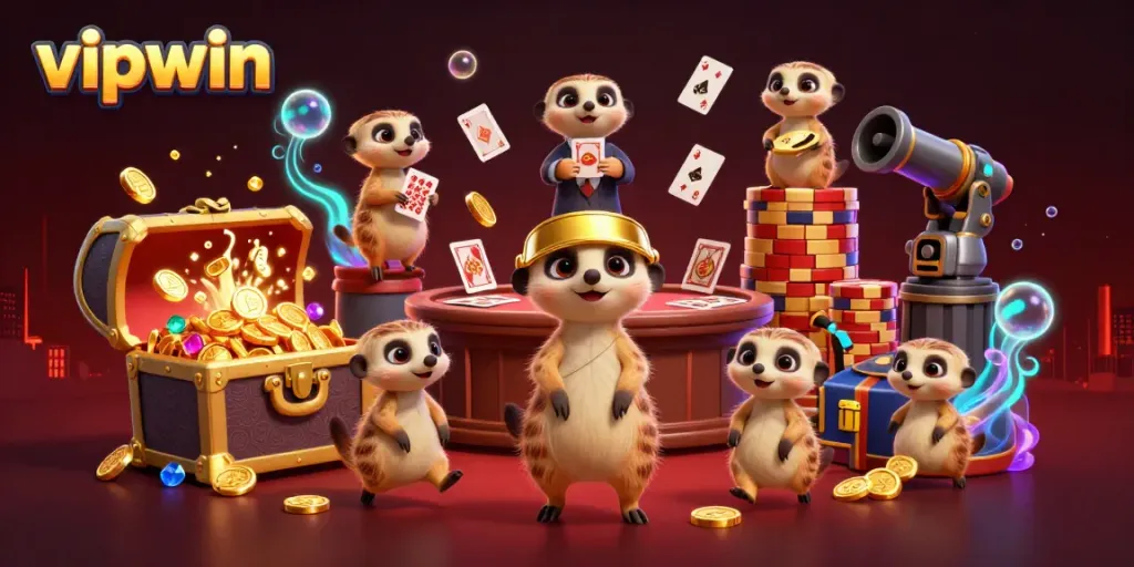 Experience vipwin gaming with meerkats in a dynamic casino scene full of treasures and excitement.