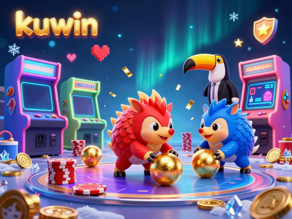 Kuwin pangolins compete in a thrilling casino game, surrounded by vibrant arcade machines and golden coins.