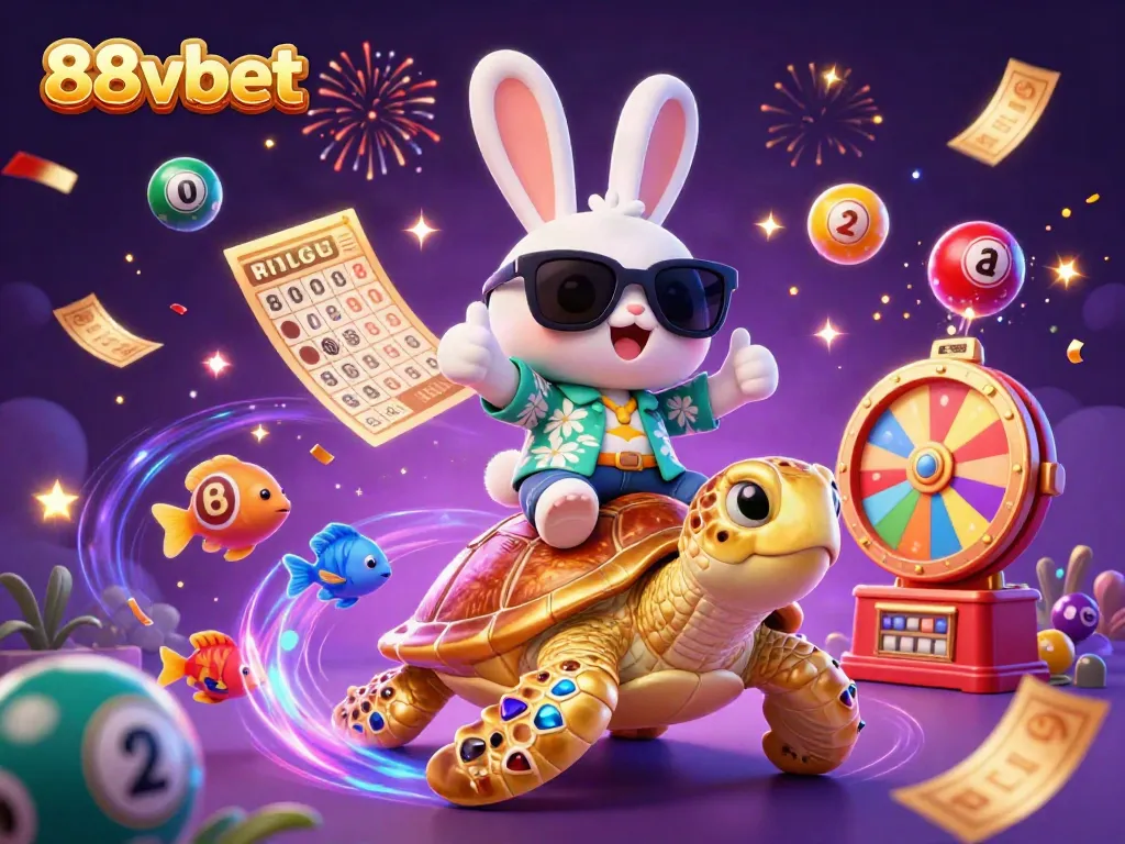 Experience excitement with 88vbet in a dynamic, colorful illustration featuring a lucky rabbit and golden turtle.