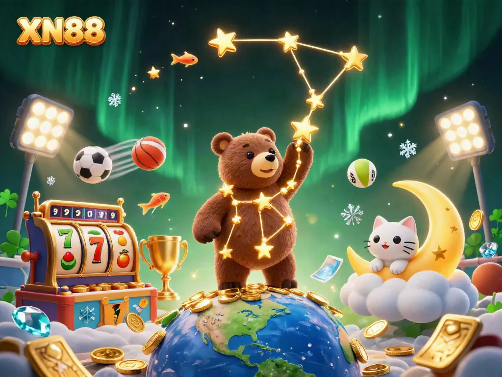 Experience XN88's exciting slots with a constellation bear collecting coins amidst dynamic casino elements.