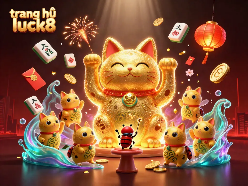 Experience the enchantment of trang chủ luck8 with a vibrant 3D lucky cat surrounded by glowing casino elements.
