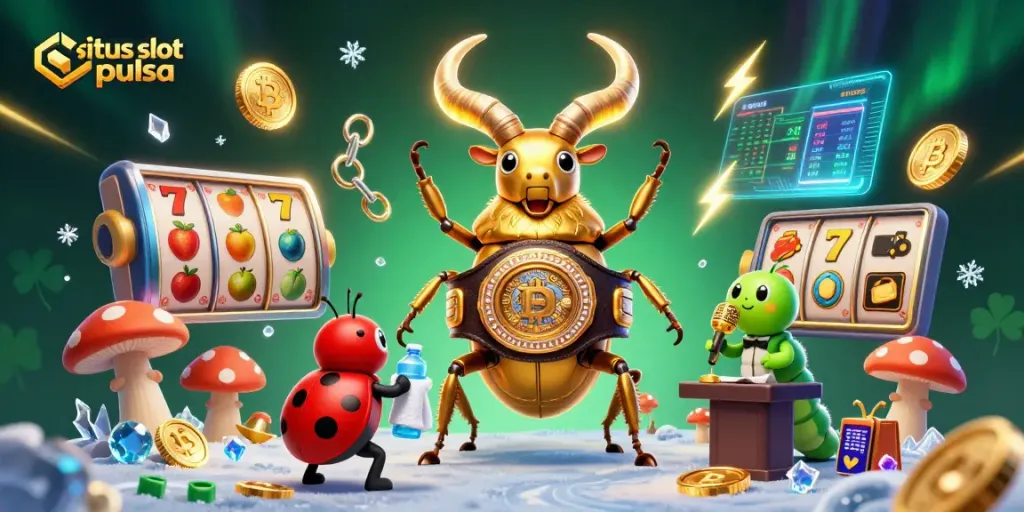 Play exciting games at situs slot pulsa with a vibrant illustration of a golden beetle in a boxing ring.