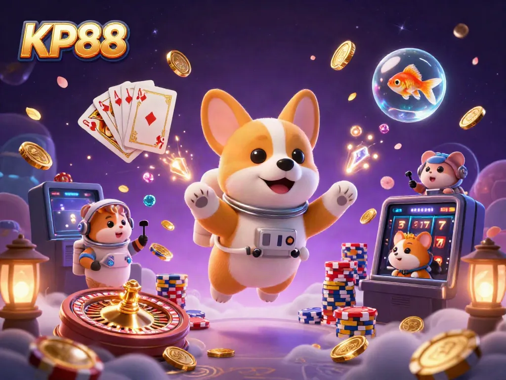 Experience KP88's exhilarating casino adventure with floating characters in a vibrant, dynamic setting.