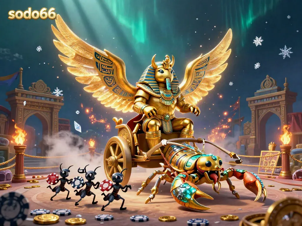 Experience the excitement of SODO66 with a vibrant 3D casino scene showcasing golden beetles and poker chips.