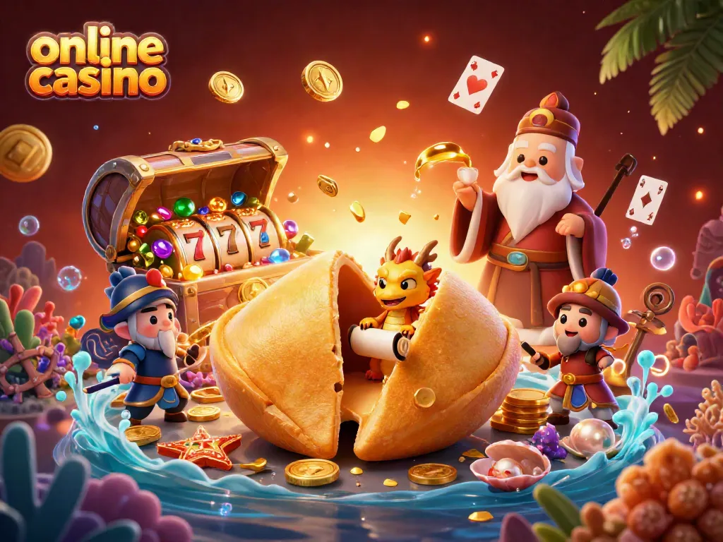 Engage in thrilling online casino games with our vibrant fantasy illustration featuring a golden fortune cookie and dragon.