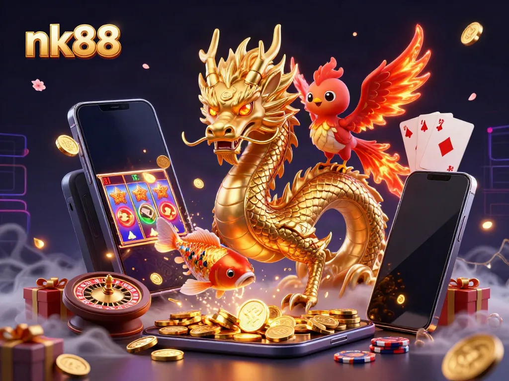 Experience thrilling games at nk88 with a powerful golden dragon and exciting casino elements.