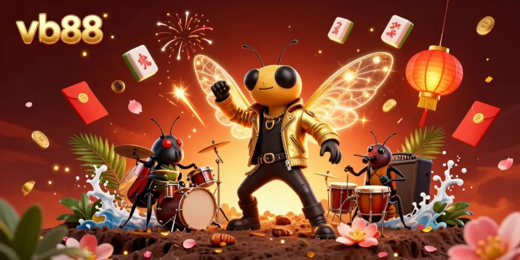 Experience thrilling gameplay at vb88 with a vibrant scene showcasing a cicada rock star and dynamic gaming elements.