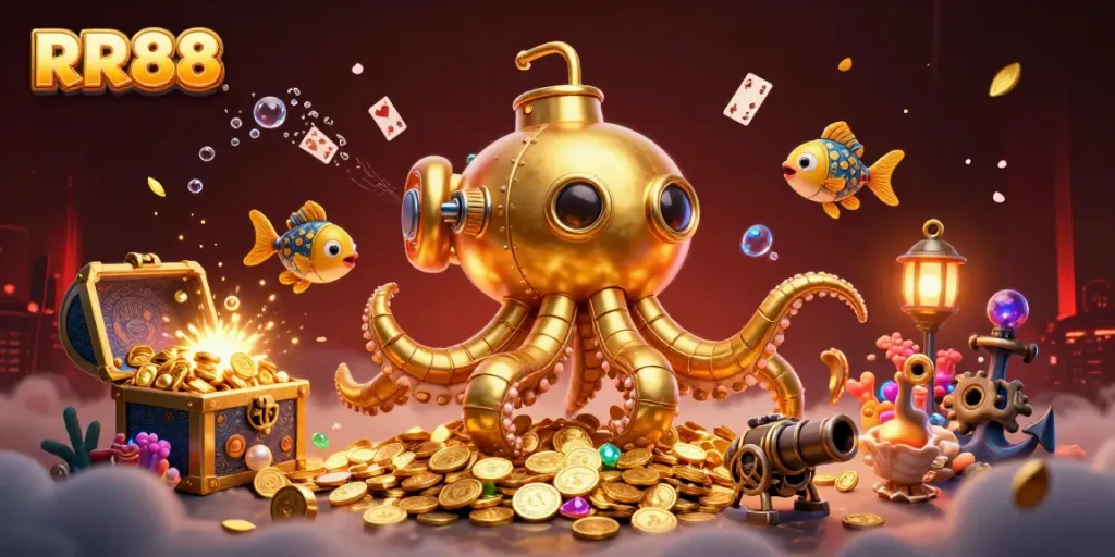 RR88's dynamic promotion with a golden kraken submarine amidst cascading gold coins and gaming elements.