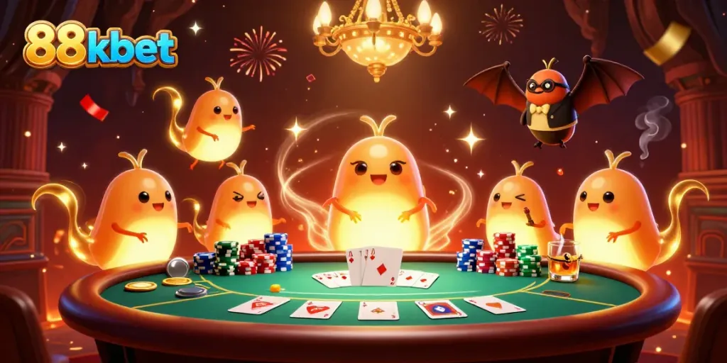 Experience the vibrant glow of 88 kbet in this lively cave casino scene filled with poker games and festive energy.