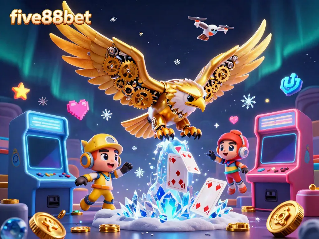 Experience the thrill of five88bet with a dynamic 3D illustration of a cybernetic eagle among gaming elements.
