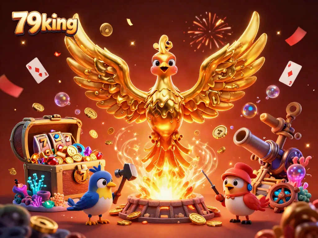 Experience the thrill of 79king with a dynamic golden phoenix illustration celebrating jackpots and casino games.