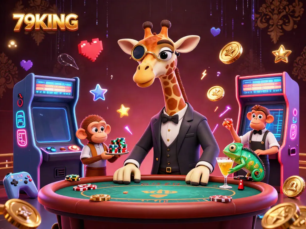 Experience the excitement of 79KING with a lively 3D casino scene featuring unique characters and vibrant gaming elements.