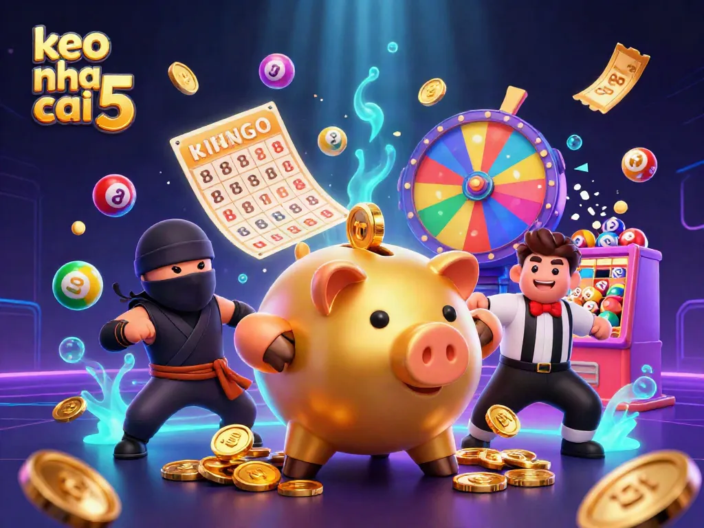 keo nha cai 5 showcases a lively casino scene with characters and vibrant lottery elements
