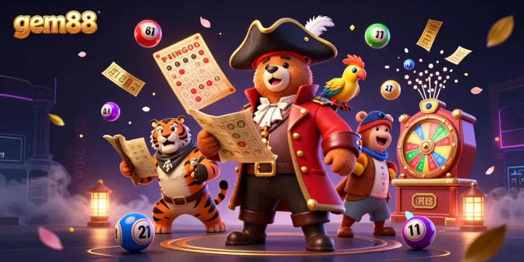 Experience gem88's exciting lottery and casino atmosphere with dynamic characters and colorful game elements.