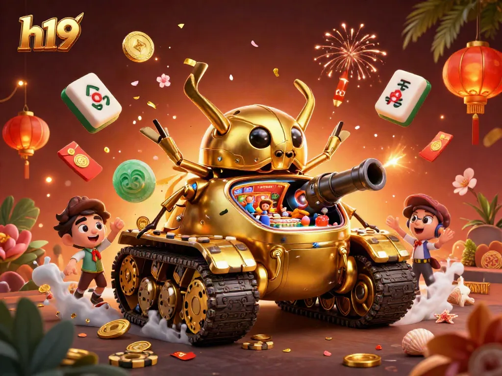 Engage with h19's dynamic casino action, showcasing a golden beetle tank and vibrant game elements.
