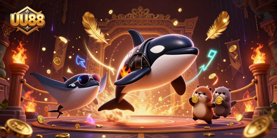UU88 gambling illustration featuring orca, stingray, and otters in a dynamic casino scene.