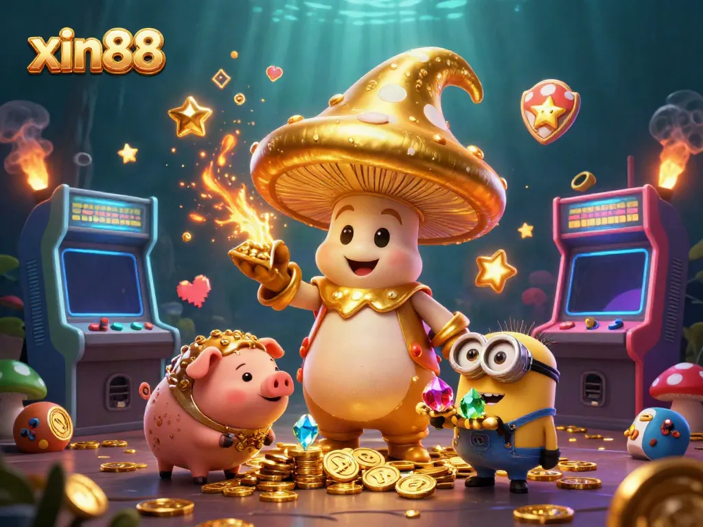 XIN88 wizard turns treasures to gold in a vibrant gambling-themed 3D scene.