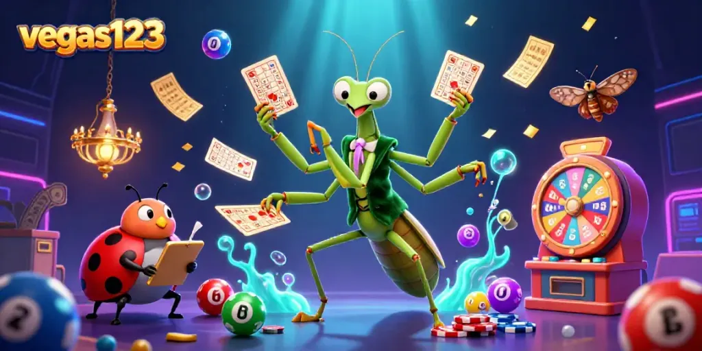 Lihat vegas123 saat mantis raksasa menangani kartu dan mengacak chip, dikelilingi elemen kasino