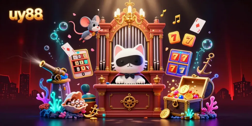 Engage in exciting slots with uy88's captivating casino illustration featuring unique characters and vibrant elements.