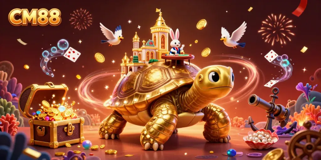 Experience the excitement of CM88 as golden coins rain down in a vibrant casino scene.
