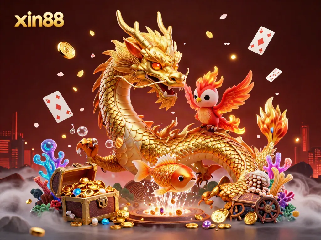 Experience excitement with xin88, featuring a golden dragon, phoenix, and koi fish amidst treasures in a vibrant 3D casino scene.