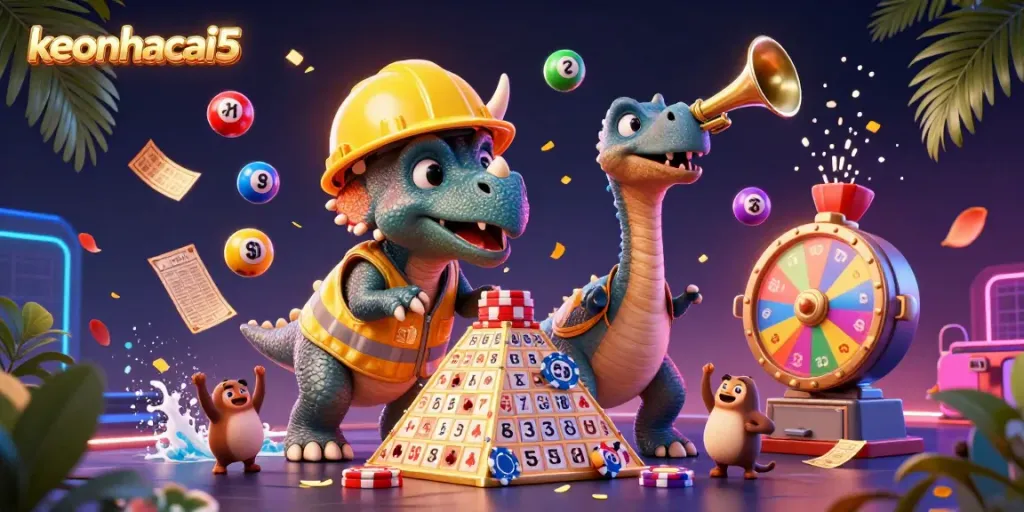 Celebrate the vibrant world of keonhacai5 with a dynamic casino scene featuring colorful characters and games.
