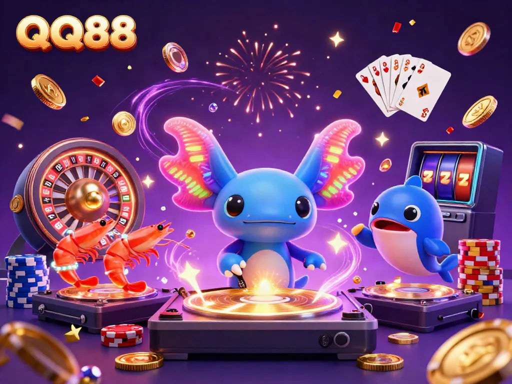 Engage with QQ88's vibrant 3D casino scene featuring colorful characters celebrating with golden coins and jewels.