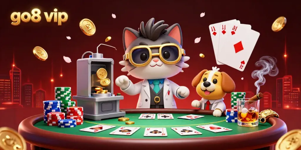 Engage with go8 vip at a vibrant casino scene featuring a mad scientist cat and loyal dog amid poker excitement.