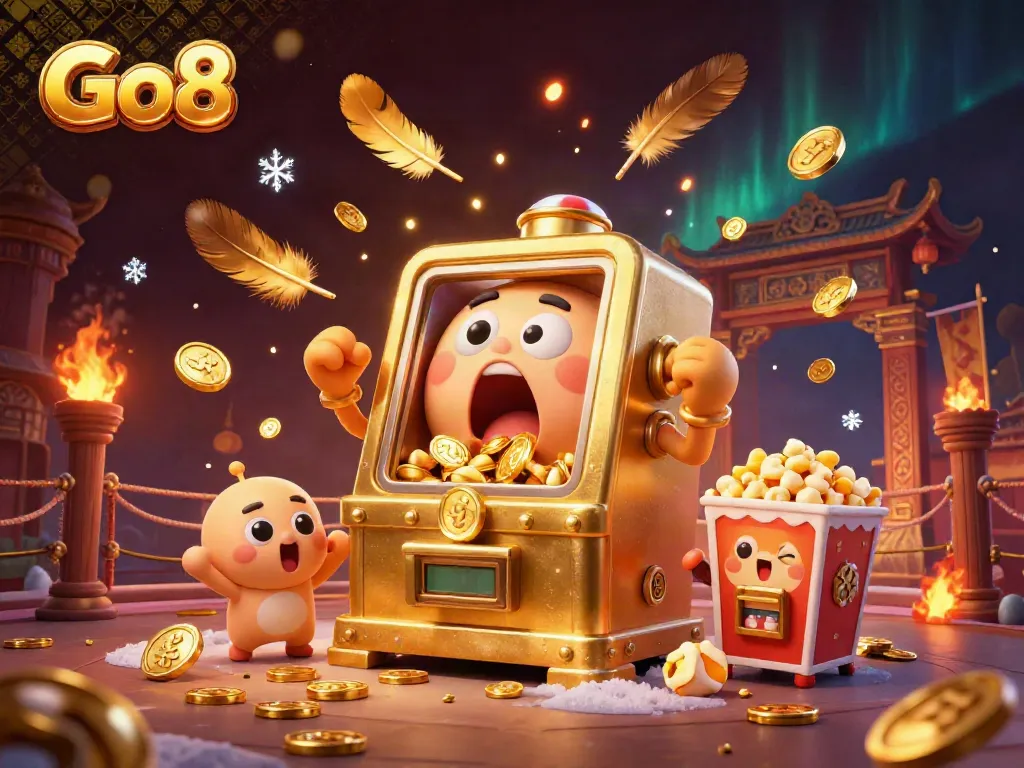 Go8 slot machine hits a jackpot amidst gold coins and cheering smaller machines in a dynamic casino scene.
