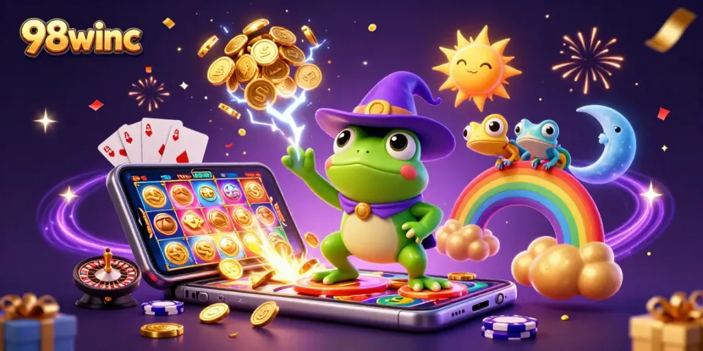 Engage with 98winc as the wizard frog showers golden coins in a vibrant casino scene.