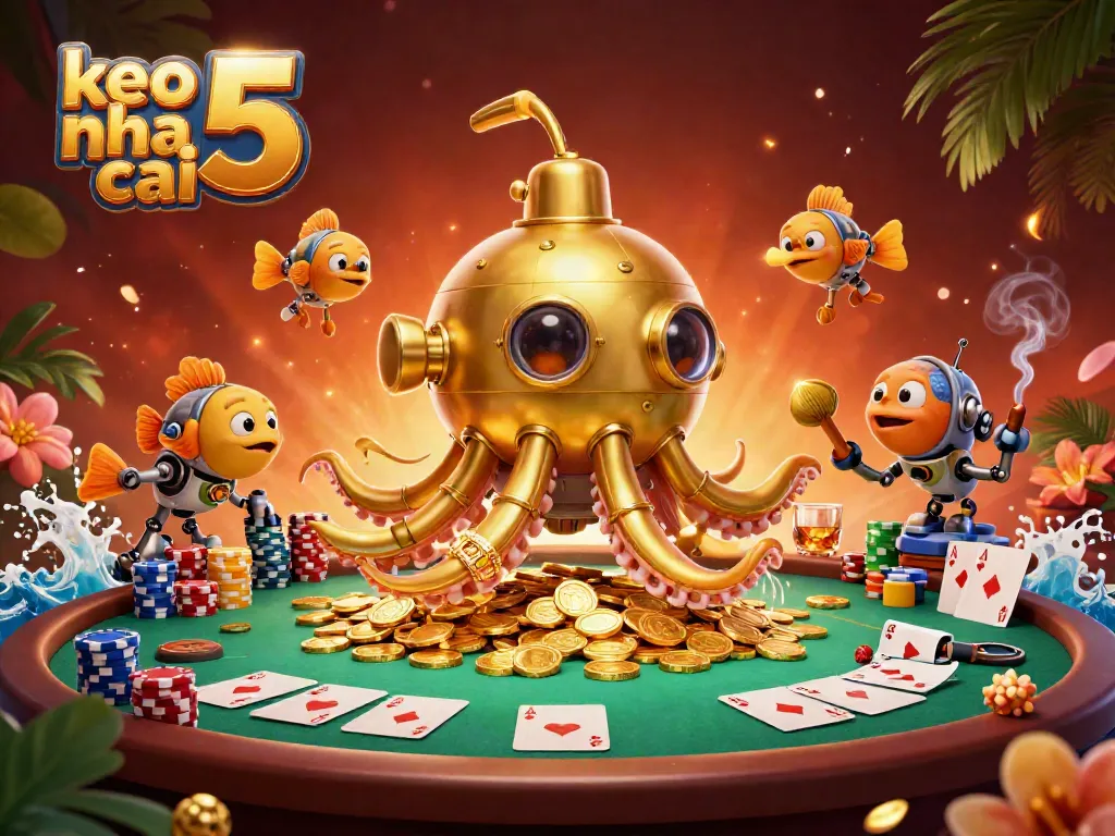 Experience the excitement of keo nha cai 5 as a golden kraken and mechanical fish explore a sea of coins and poker elements.