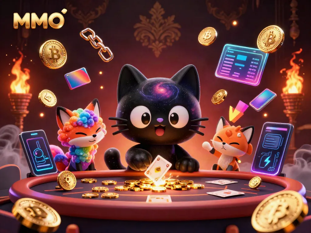 Engaging MMOO casino scene featuring a black hole cat attracting golden chips and cards.