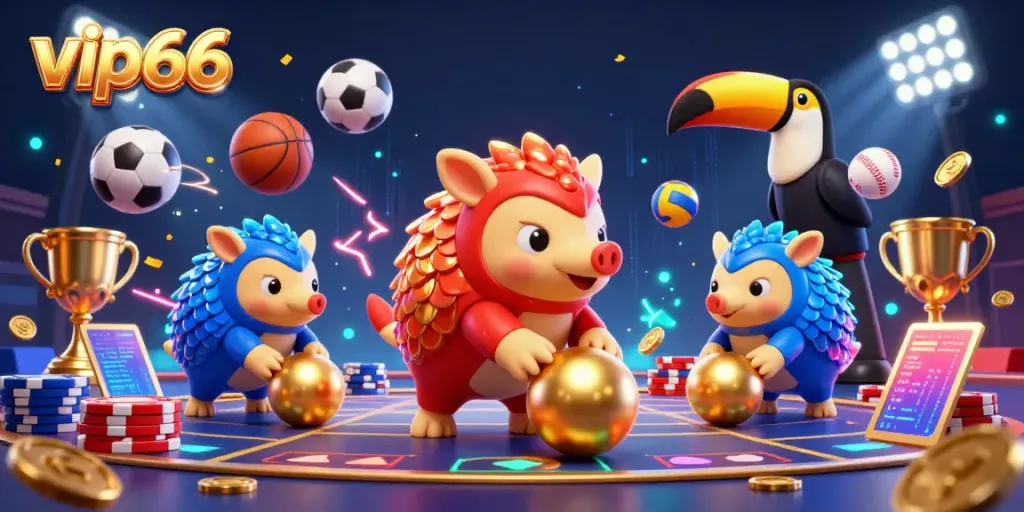 Experience excitement at vip66 with rival pangolins bowling through poker chips amidst vibrant gaming action.