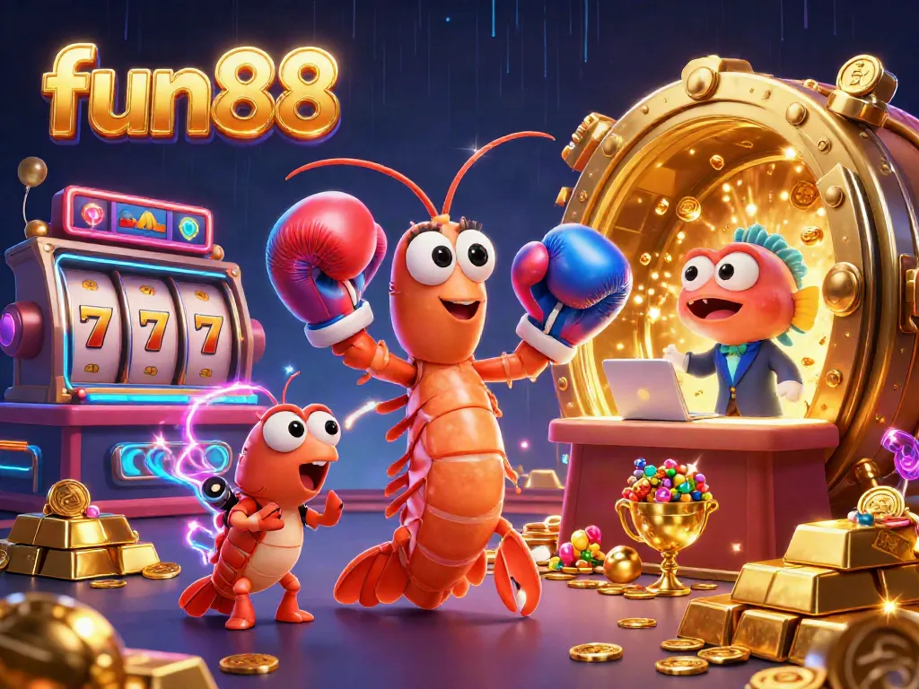 Experience fun88's thrilling casino atmosphere with vibrant characters and rich treasures in this dynamic 3D scene.
