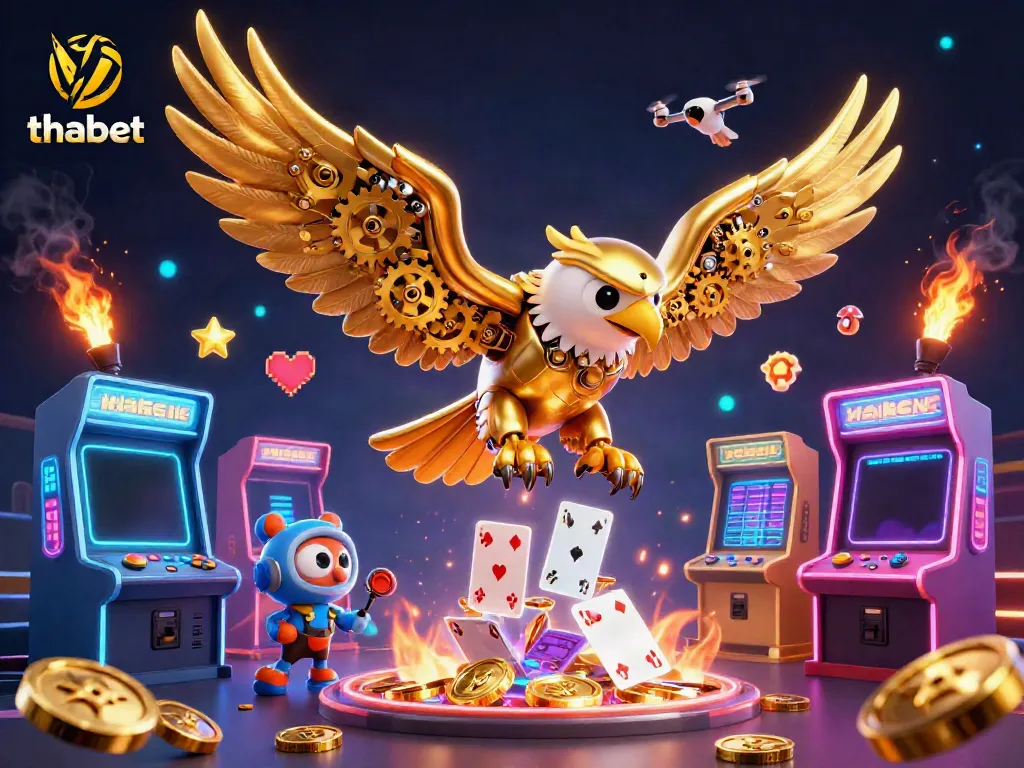 Experience the thrill of thabet with a cybernetic golden eagle amidst vibrant casino elements.